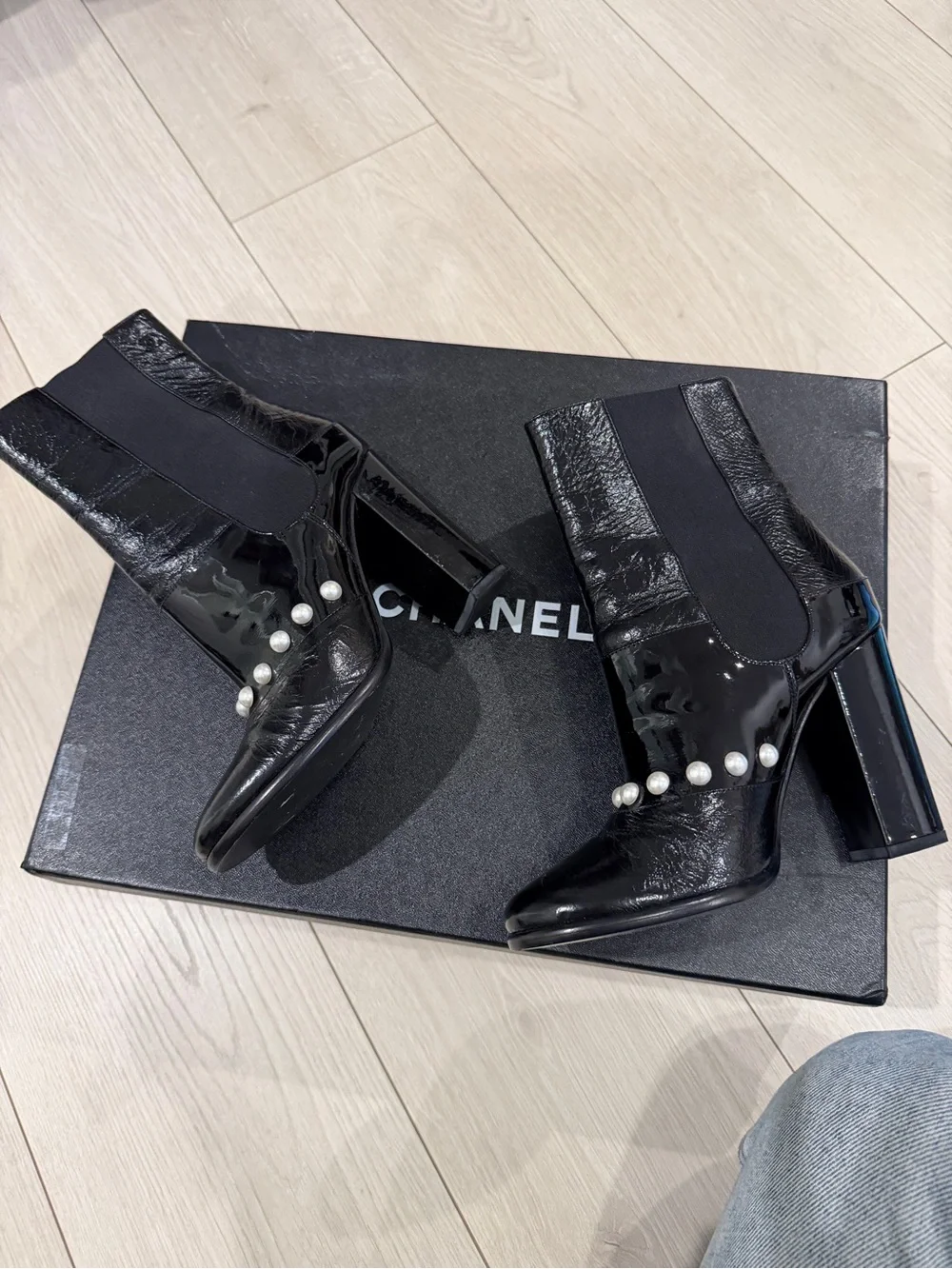 Chanel faux pearl heeled boots